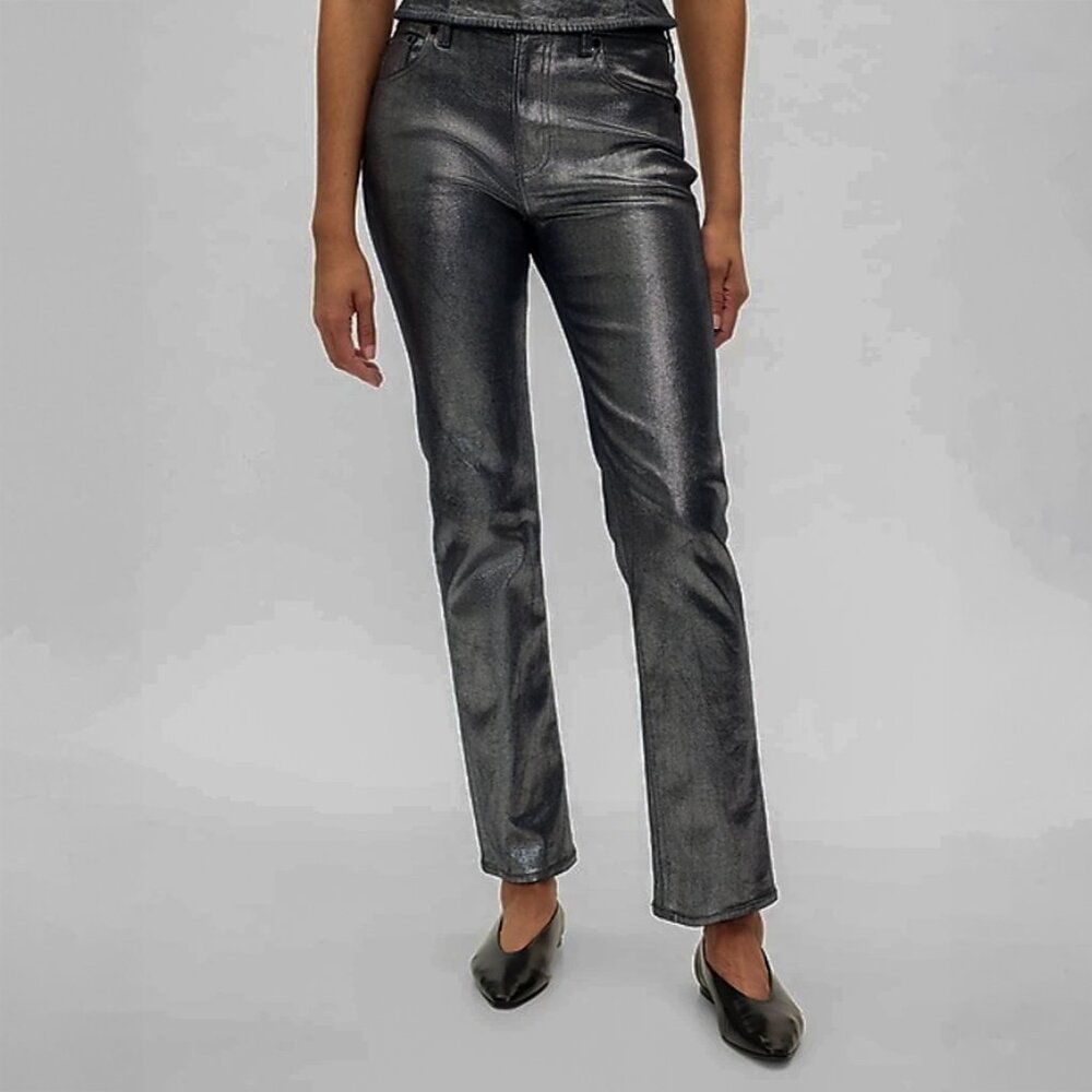 Gap Women's Denim High Rise Jeans Straight Silver Metallic Black Shine Size 4/27